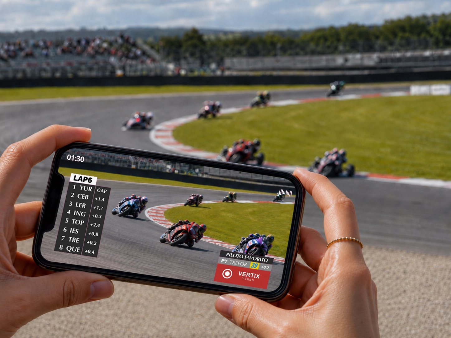 Móvil apuntando a la pista con el HUD de TRACKVISION mostrando los gaps entre pilotos