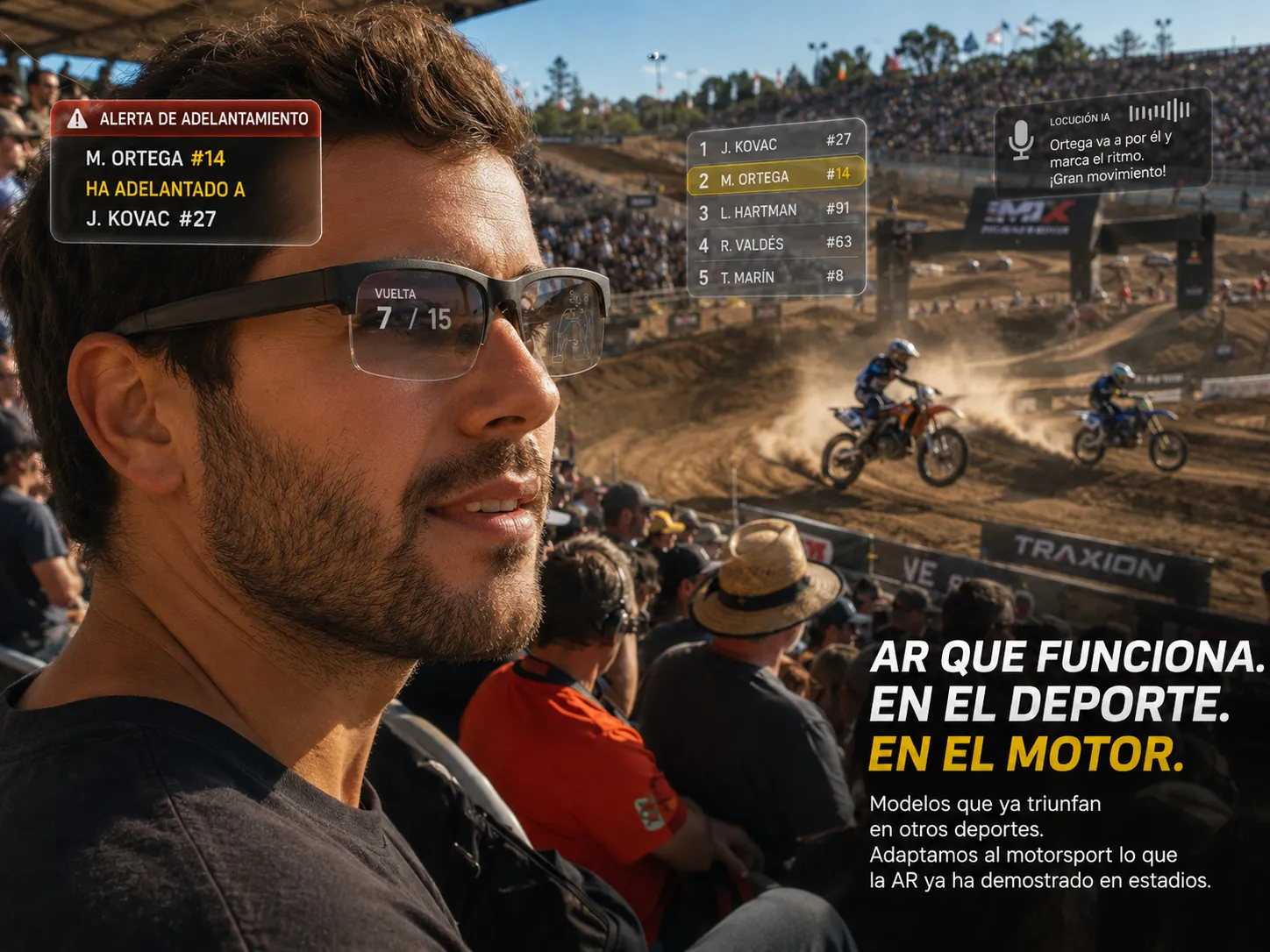 Espectador de motocross con gafas AR y alertas de adelantamiento sobre la pista