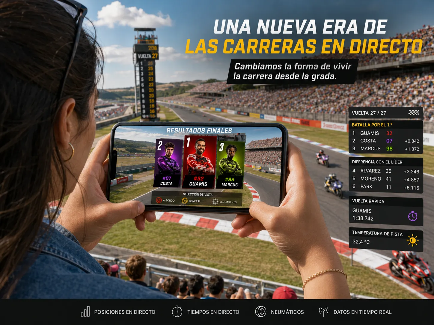 Aficionada en la grada siguiendo la carrera con datos en directo en el móvil